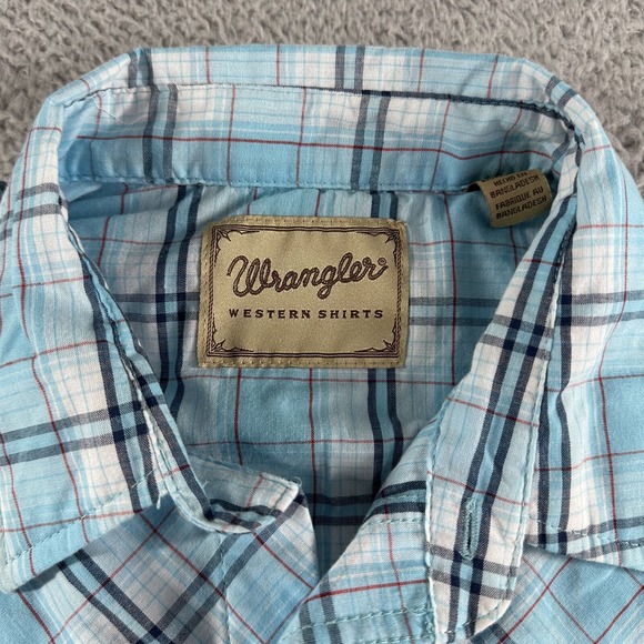 Wrangler Western Shirt Mens Large Blue Plaid Pearl Snap Button Up‎ Lightweight - Picture 5 of 9